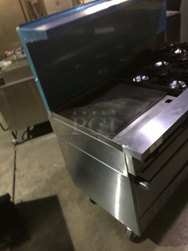 BEAUTIFUL! Sunfire Commercial Natural Gas Powered 6 Burner Stove! With Left Side Flat Griddle! With 2 Full Size Ovens Underneath! With Backsplash & Overhead Salamander Shelf! All Stainless Steel! On Casters! - Image 2 of 10
