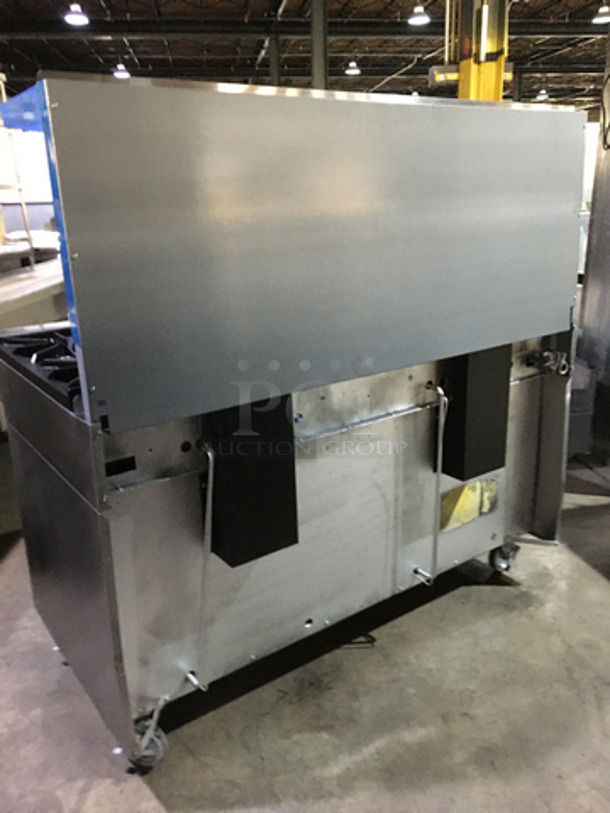BEAUTIFUL! Sunfire Commercial Natural Gas Powered 6 Burner Stove! With Left Side Flat Griddle! With 2 Full Size Ovens Underneath! With Backsplash & Overhead Salamander Shelf! All Stainless Steel! On Casters! - Image 3 of 10