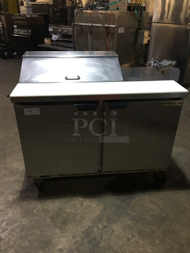 Beverage Air Commercial Refrigerated Sandwich Prep Table! With 2 Door Underneath Storage Space! With Commercial Cutting Board! All Stainless Steel! Model SPE48HC08 Serial 12900631! 115V 1Phase! On Casters!
