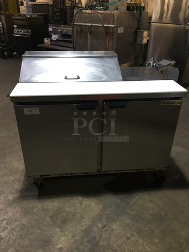 Beverage Air Commercial Refrigerated Sandwich Prep Table! With 2 Door Underneath Storage Space! With Commercial Cutting Board! All Stainless Steel! Model SPE48HC08 Serial 12900631! 115V 1Phase! On Casters! - Image 1 of 11