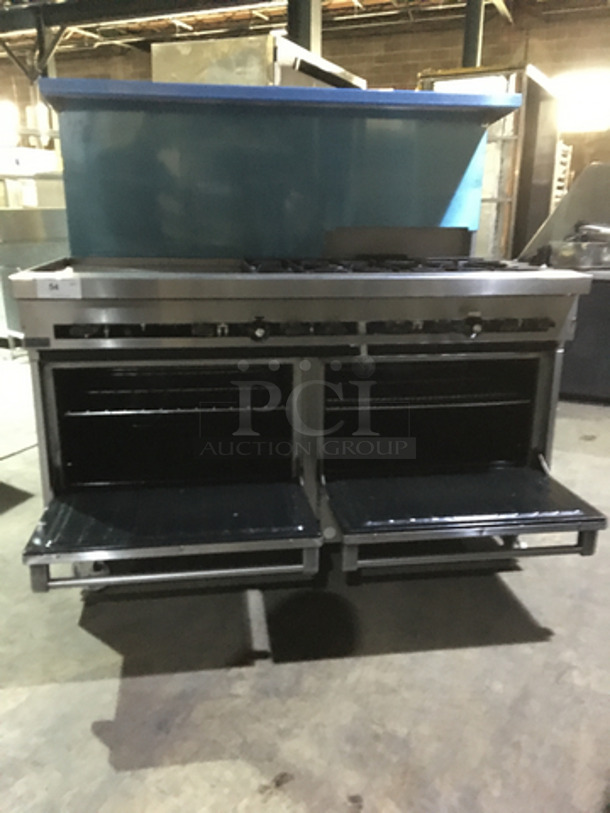 BEAUTIFUL! Sunfire Commercial Natural Gas Powered 6 Burner Stove! With Left Side Flat Griddle! With 2 Full Size Ovens Underneath! With Backsplash & Overhead Salamander Shelf! All Stainless Steel! On Casters! - Image 8 of 10