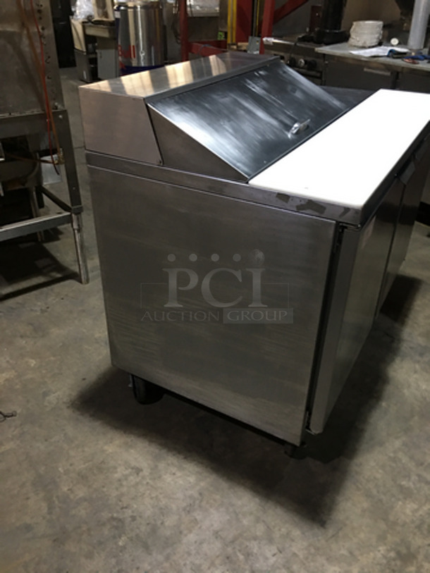 Beverage Air Commercial Refrigerated Sandwich Prep Table! With 2 Door Underneath Storage Space! With Commercial Cutting Board! All Stainless Steel! Model SPE48HC08 Serial 12900631! 115V 1Phase! On Casters! - Image 4 of 11