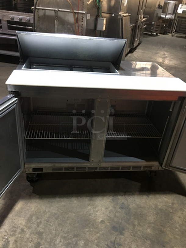 Beverage Air Commercial Refrigerated Sandwich Prep Table! With 2 Door Underneath Storage Space! With Commercial Cutting Board! All Stainless Steel! Model SPE48HC08 Serial 12900631! 115V 1Phase! On Casters! - Image 5 of 11