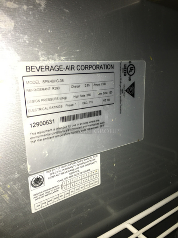 Beverage Air Commercial Refrigerated Sandwich Prep Table! With 2 Door Underneath Storage Space! With Commercial Cutting Board! All Stainless Steel! Model SPE48HC08 Serial 12900631! 115V 1Phase! On Casters! - Image 8 of 11