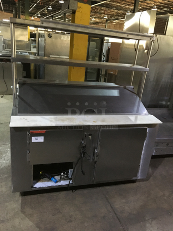 Universal Coolers Commercial Refrigerated Sandwich Prep Table! With 2 Door Underneath Storage Space! With Commercial Cutting Board! With Overhead Serving Shelf! All Stainless Steel! 