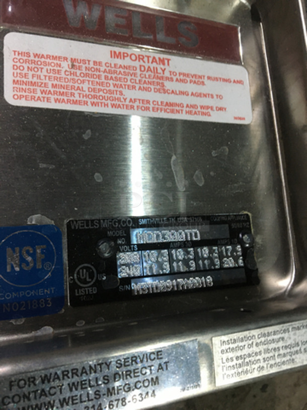 Wells Commercial 3 Well Drop In Steam Table! All Stainless Steel! Model MOD300TD Serial M3TD0917A0018! 208/240V! - Image 8 of 9