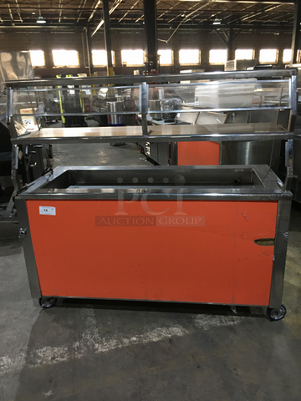 Precision Commercial Refrigerated Cold Pan! With Overhead Serving Shelf! With Sneeze Guard! With Underneath Storage Space! All Stainless Steel! 120V 1Phase! On Commercial Casters!