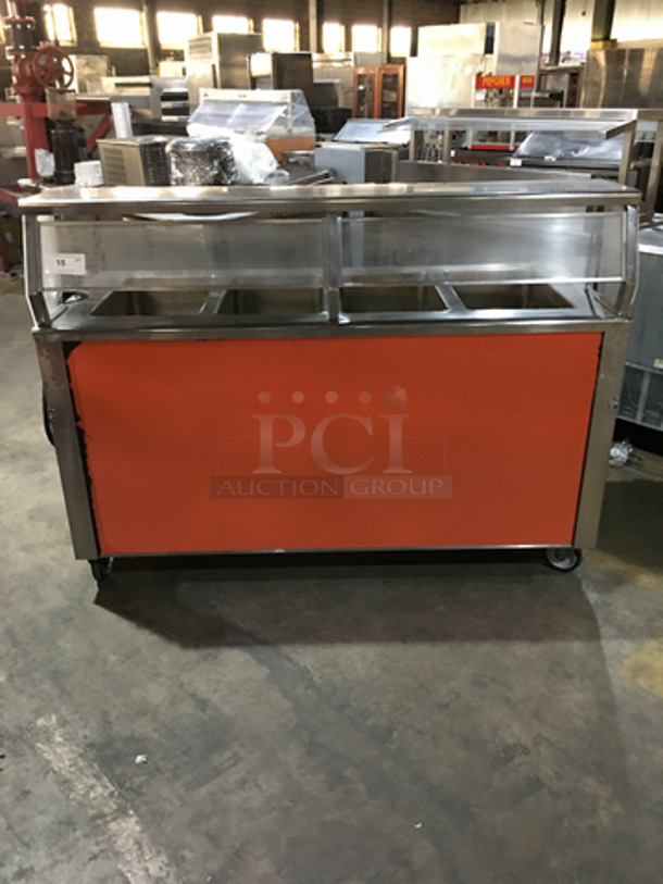 Precision Commercial 4 Well Steam Table! With Underneath Storage Space! With Sneeze Guard! All Stainless Steel Body! Model SST2004UDNYC Serial 679990891! 120V 1Phase! On Commercial Casters!