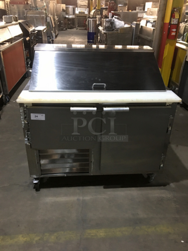 Leader Commercial Refrigerated Sandwich Prep Table! With 2 Door Underneath Storage Space! With Commercial Cutting Board! All Stainless Steel! Model LB48SC Serial UR092401! 115V 1Phase! On Casters!