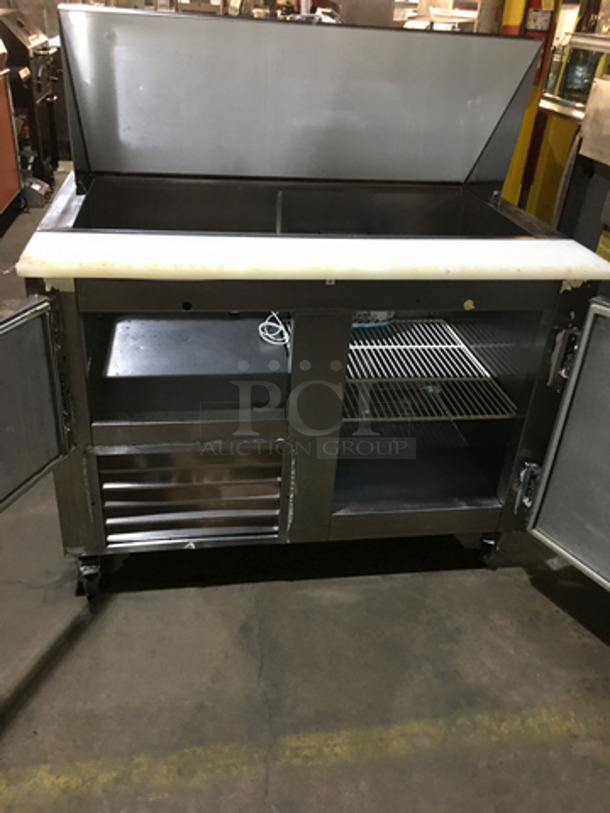 Leader Commercial Refrigerated Sandwich Prep Table! With 2 Door Underneath Storage Space! With Commercial Cutting Board! All Stainless Steel! Model LB48SC Serial UR092401! 115V 1Phase! On Casters! - Image 5 of 11