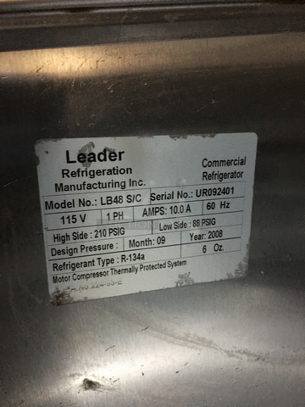 Leader Commercial Refrigerated Sandwich Prep Table! With 2 Door Underneath Storage Space! With Commercial Cutting Board! All Stainless Steel! Model LB48SC Serial UR092401! 115V 1Phase! On Casters! - Image 9 of 11