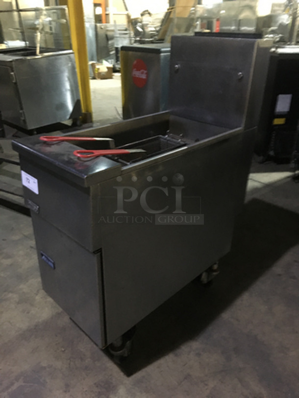 Pitco Commercial Natural Gas Powered Deep Fat Fryer! With 2 Metal Baskets! With Backsplash! All Stainless Steel! On Casters! Model SG14! - Image 2 of 9