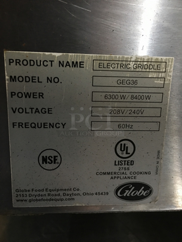 Globe Commercial Countertop Electric Powered Griddle! With Back & Side Splashes! All Stainless Steel! Model GEG36! 208/240V! On Legs! - Image 5 of 8