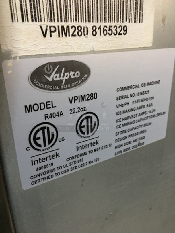 Valpro Commercial Under The Counter Ice Making Machine! All Stainless Steel! Model VPIM280 Serial 8165329! 115V 1Phase! On Legs! - Image 8 of 9