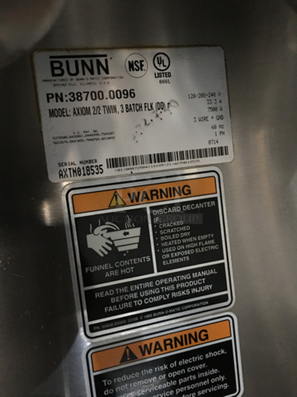 Bunn Commercial Countertop Dual Coffee Brewing Machine! Axiom Series! With 4 Coffee Pot Warming Stations! All Stainless Steel! Model AXIOM2/2TWIN Serial AXTN018535! 120/208/240V 1Phase! On Legs! - Image 8 of 9