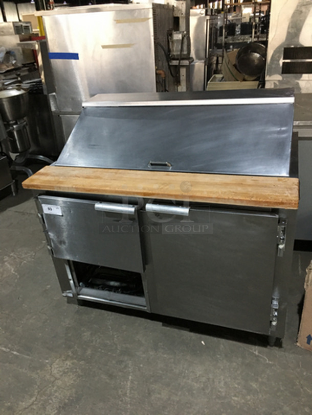Leader Commercial Refrigerated Sandwich/Salad Prep Table! With Wooden Cutting Board! With 2 Door Storage Space Underneath! All Stainless Steel! Model LM48! 115V 1Phase! On Legs!
