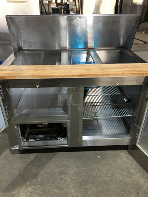 Leader Commercial Refrigerated Sandwich/Salad Prep Table! With Wooden Cutting Board! With 2 Door Storage Space Underneath! All Stainless Steel! Model LM48! 115V 1Phase! On Legs!
 - Image 4 of 7