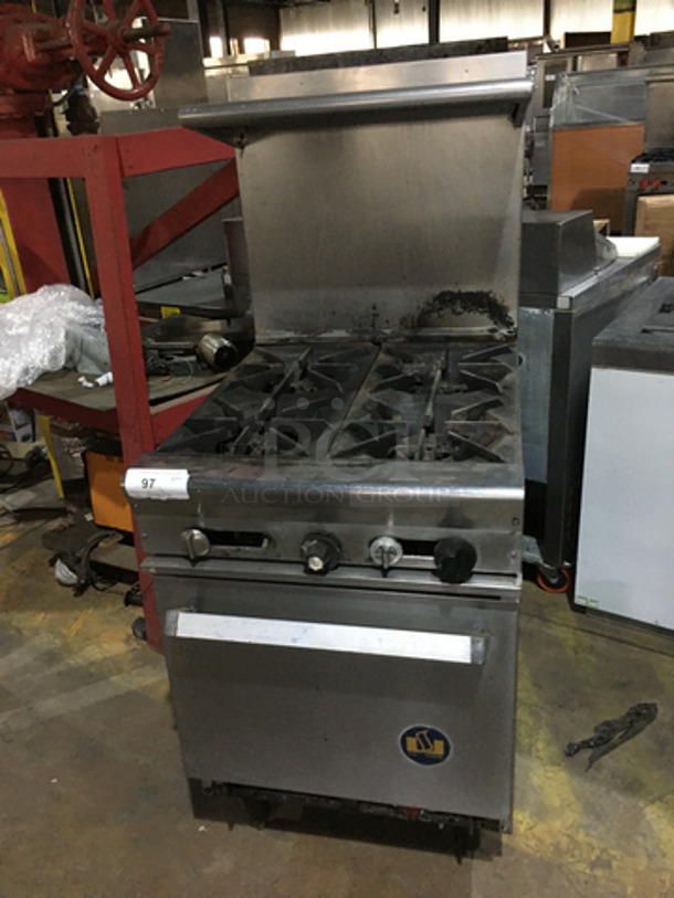 US Range Commercial Natural Gas Powered 4 Burner Stove! With Backsplash & Overhead Salamander Shelf! With Oven Underneath! All Stainless Steel! - Image 1 of 9