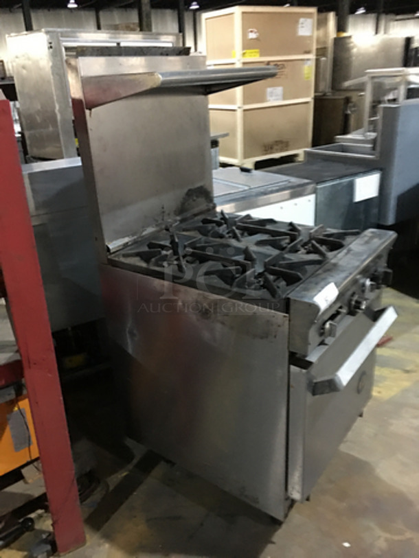 US Range Commercial Natural Gas Powered 4 Burner Stove! With Backsplash & Overhead Salamander Shelf! With Oven Underneath! All Stainless Steel! - Image 3 of 9
