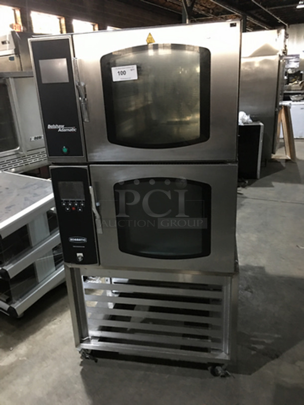 Belshaw Adamatic Commercial Electric Powered Dual Combi Oven! With View Through Doors! With Pan Racks Underneath! All Stainless Steel! Model FG189UZ84 Serial 2000003710FA032620! 2 X Your Bid! Makes One Unit! On Casters!