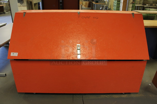 Orange Wooden Wood Storage Box on Commercial Casters. Comes w/ Contents! 80x30.5x52. (Room 130)