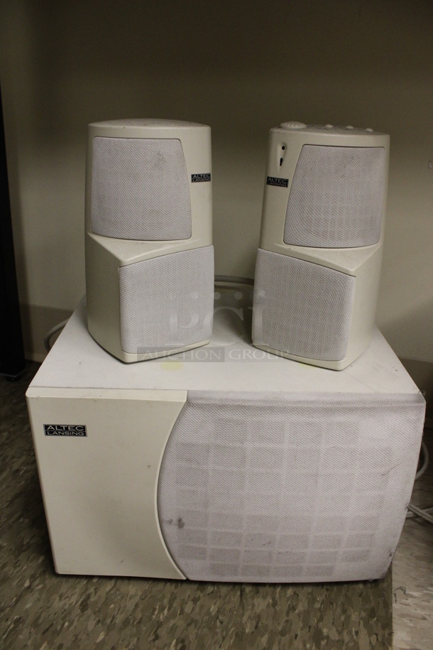 ALL ONE MONEY! Lot of Altec Lansing Speaker System; Subwoofer and 2 Speakers. 8x10.5x12, 3.5x3.5x7.5. (Room 105) - Image 1 of 6