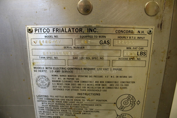 Pitco Frialator Model F14RS-CV Stainless Steel Commercial Natural Gas Powered Single Bay Deep Fat Fryer w/ Left Side Dumping Station, 2 Metal Fry Baskets on Commercial Casters. 122,000 BTU. 32x32x53. (Room 130) - Image 5 of 7