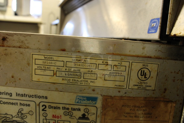 Pitco Frialator Model F14RS-CV Stainless Steel Commercial Natural Gas Powered Single Bay Deep Fat Fryer w/ Left Side Dumping Station, 2 Metal Fry Baskets on Commercial Casters. 122,000 BTU. 32x32x53. (Room 130) - Image 6 of 7