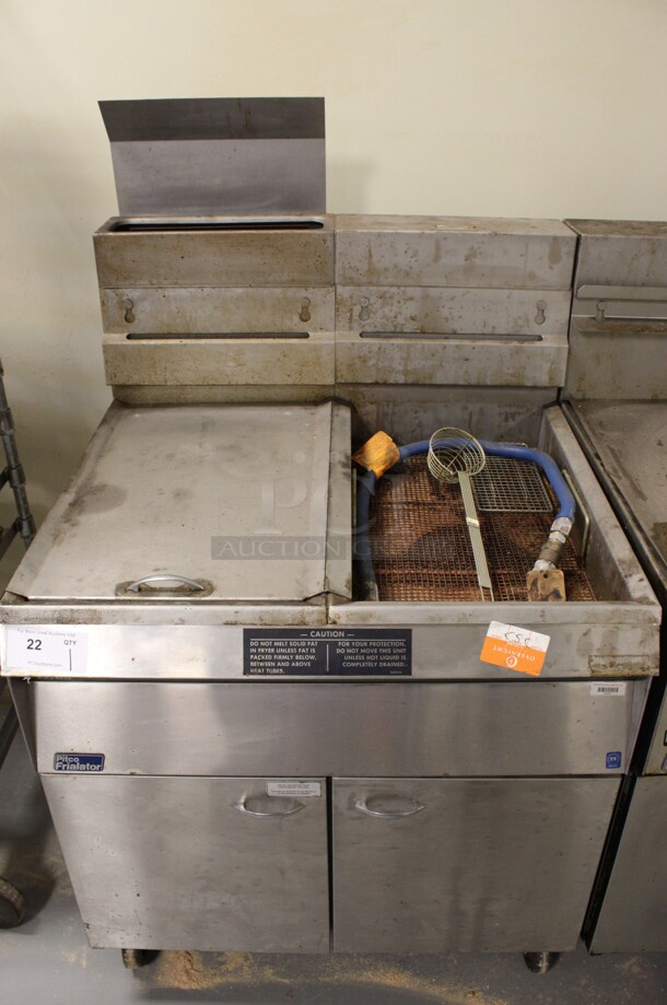 Pitco Frialator Model 14S-CV Stainless Steel Commercial Natural Gas Powered Single Bay Deep Fat Fryer w/ Left Side Dumping Station on Commercial Casters. 110,000 BTU. 32x32x53. (Room 130)