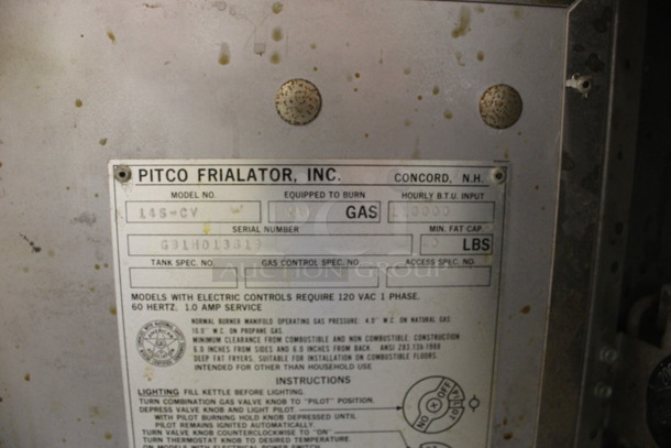 Pitco Frialator Model 14S-CV Stainless Steel Commercial Natural Gas Powered Single Bay Deep Fat Fryer w/ Left Side Dumping Station on Commercial Casters. 110,000 BTU. 32x32x53. (Room 130) - Image 8 of 8
