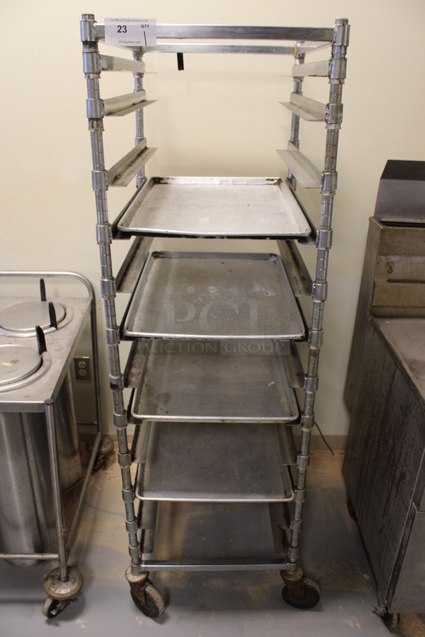 Metal Pan Transport Rack w/ 4 Full Size Baking Pans on Commercial Casters. 21x26x68. (Room 130)