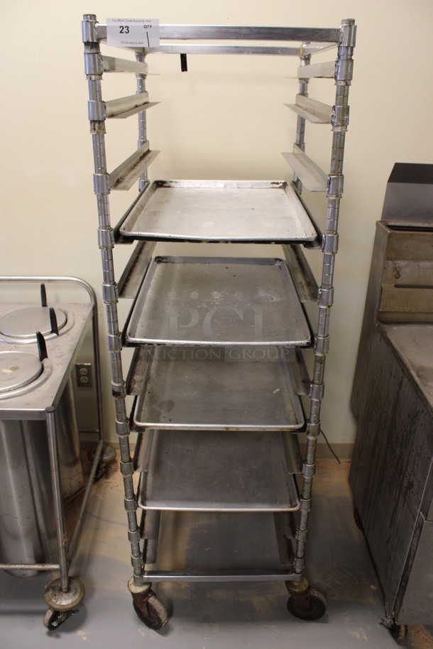Metal Pan Transport Rack w/ 4 Full Size Baking Pans on Commercial Casters. 21x26x68. (Room 130) - Image 1 of 4