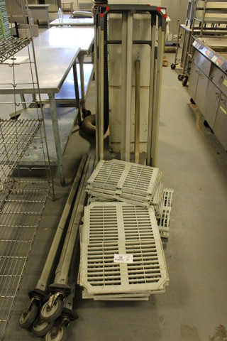 ALL ONE MONEY! Lot of Pieces to Metro Max Shelving Unit; 5 Shelves, 4 Poles on Commercial Casters and Various Poly Shelf Pieces! 54x18x2, 68". (Room 130)