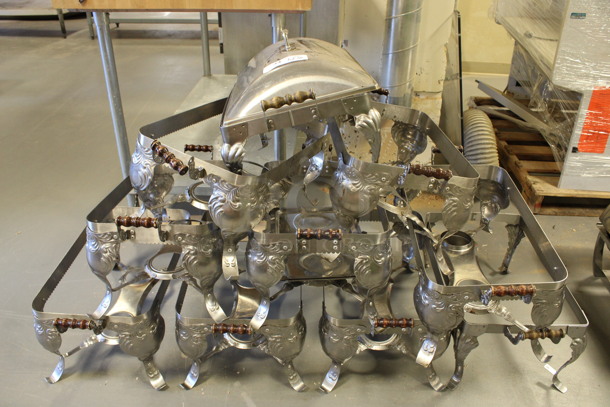 ALL ONE MONEY! Lot of 10 Metal Chafing Dish Frames w/ 1 Lid. 26x13x11.5. (Room 130) - Image 1 of 4
