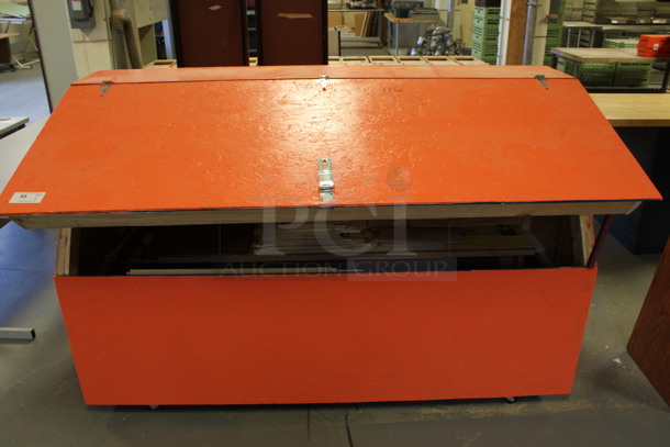 Orange Wooden Wood Storage Box on Commercial Casters. Comes w/ Contents! 80x30.5x52. (Room 130) - Image 2 of 7