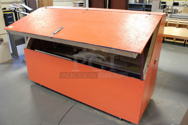Orange Wooden Wood Storage Box on Commercial Casters. Comes w/ Contents! 80x30.5x52. (Room 130) - Image 3 of 7