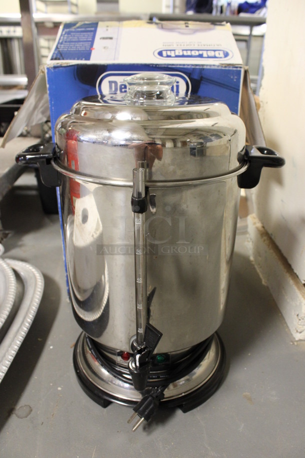 IN ORIGINAL BOX! DeLonghi Stainless Steel Commercial Countertop Coffee Urn. 14x12x19. (Room 130)