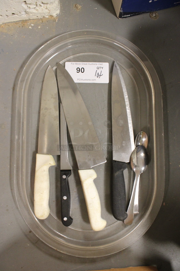 ALL ONE MONEY! Lot of 4 Various Metal Knives and 2 Metal Spoons on Clear Poly Tray! Includes 13.5