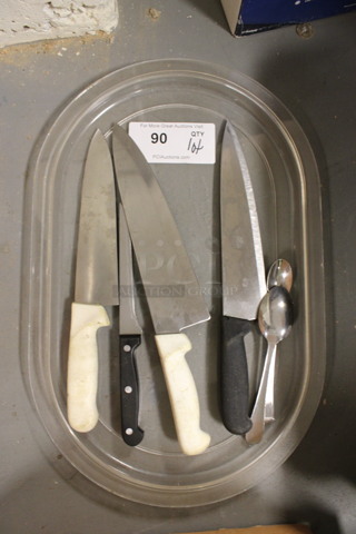 ALL ONE MONEY! Lot of 4 Various Metal Knives and 2 Metal Spoons on Clear Poly Tray! Includes 13.5". (Room 130)