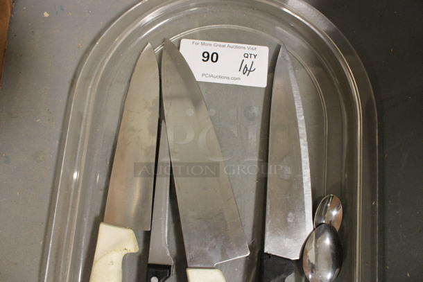 ALL ONE MONEY! Lot of 4 Various Metal Knives and 2 Metal Spoons on Clear Poly Tray! Includes 13.5". (Room 130) - Image 2 of 3