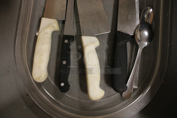 ALL ONE MONEY! Lot of 4 Various Metal Knives and 2 Metal Spoons on Clear Poly Tray! Includes 13.5". (Room 130) - Image 3 of 3