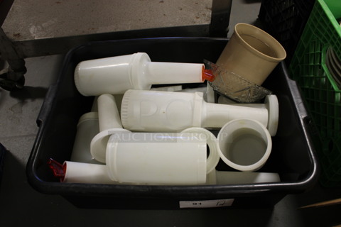 ALL ONE MONEY! Lot of Various Poly Items Including Containers in Black Bus Bin. Includes 3.5x3.5x12.5. (Room 130)