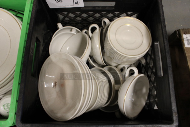 ALL ONE MONEY! Lot of Various White Ceramic Dishes Including Saucers, Bowls and Mugs! Includes 6.25x6.25x2. (Room 130)