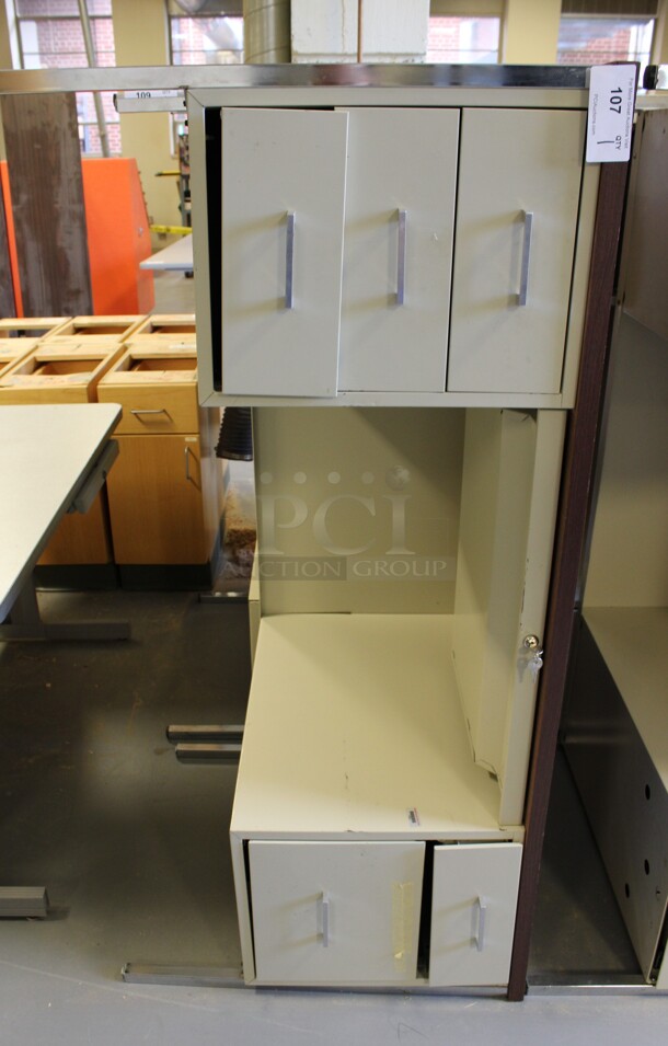 Tan Metal Desk w/ Wood Pattern Desktop and 5 Drawers. 60x30x30. (Room 130)