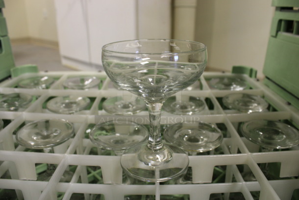 25 Stout Champagne Glasses in Dish Caddy. 3.25x3.25x4.25. 25 Times Your Bid! (Room 130)
