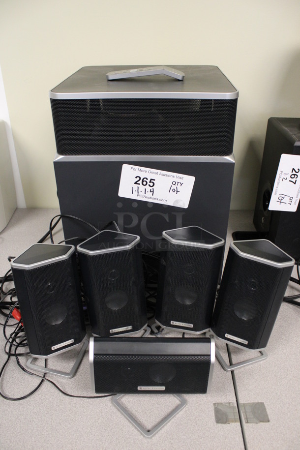 ALL ONE MONEY! Lot of Various Altec Landing Items Including 5 Speakers, Amplifier Speaker System and Remote. Includes 10x10x13. (2nd Floor: Room 220)