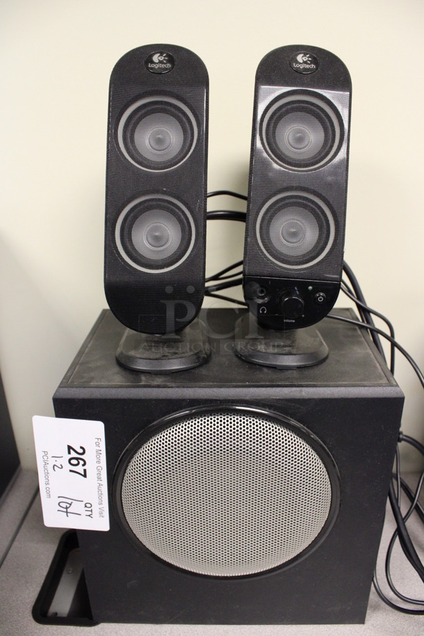 ALL ONE MONEY! Lot of Logitech Model X-230 Subwoofer w/ 2 Speakers! 9x6x9.5, 2.5x4x9. (2nd Floor: Room 220)