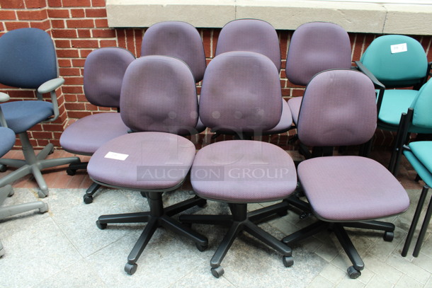 7 Purple Office Chairs on Casters. 19x20x37. 7 Times Your Bid! (Atrium)