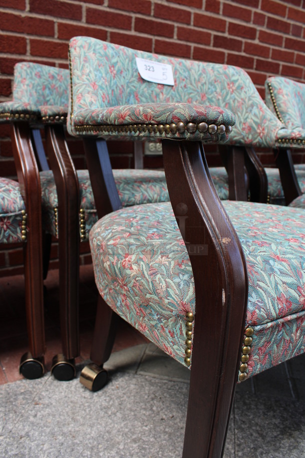 5 Floral Patterned Chairs w/ Arm Rests, Wood Patterned Legs and Nailhead Trim on Casters. 24x21x31. 5 Times Your Bid! (Atrium) - Image 4 of 5