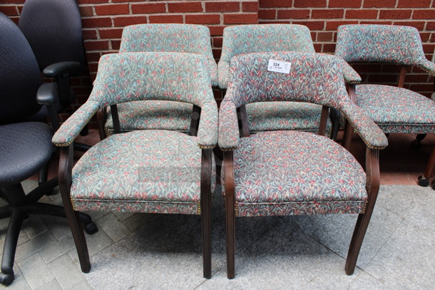 4 Floral Patterned Chairs w/ Arm Rests and Nailhead Trim on Wood Patterned Legs. 24x21x31. 4 Times Your Bid! (Atrium)